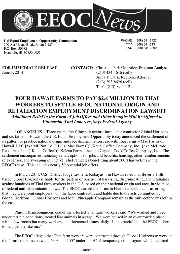 Microsoft Word - EEOC Press Release - HI Farms Settle - Final 6-